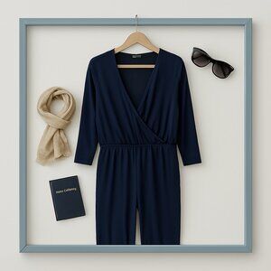 Elegant Navy Wrap Belted Jumpsuit Ruched Legs Size Plus 1x